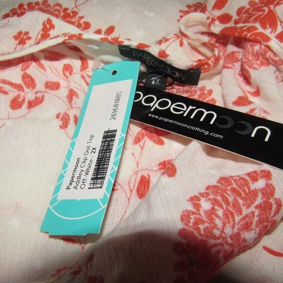 Papermoon Adderly Clip Dot Floral Top 2X Off-White Coral | Boho Feminine Blouse - Picture 6 of 7